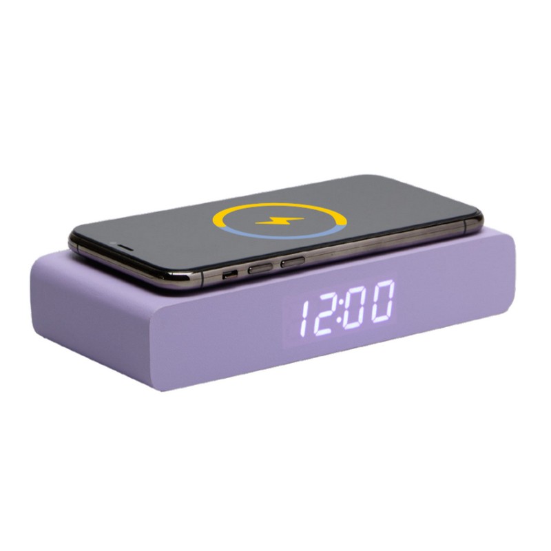 Orologio-sveglia digitale in legno lilla con display LED, temperatura e ricarica cellulare wireless, funzionamento con cavo USB incluso